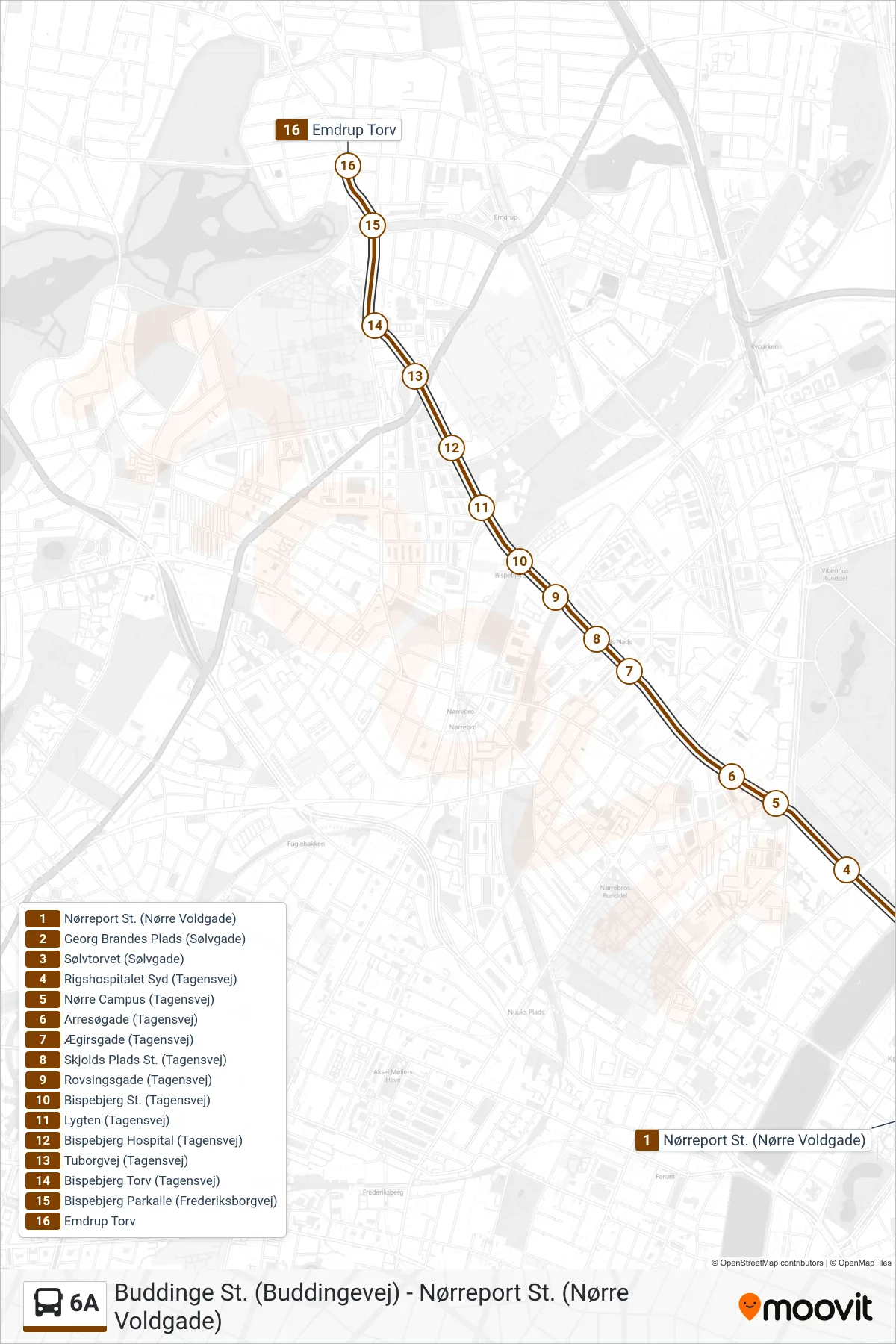 6A bus Line (Emdrup Torv) route and stops on a map