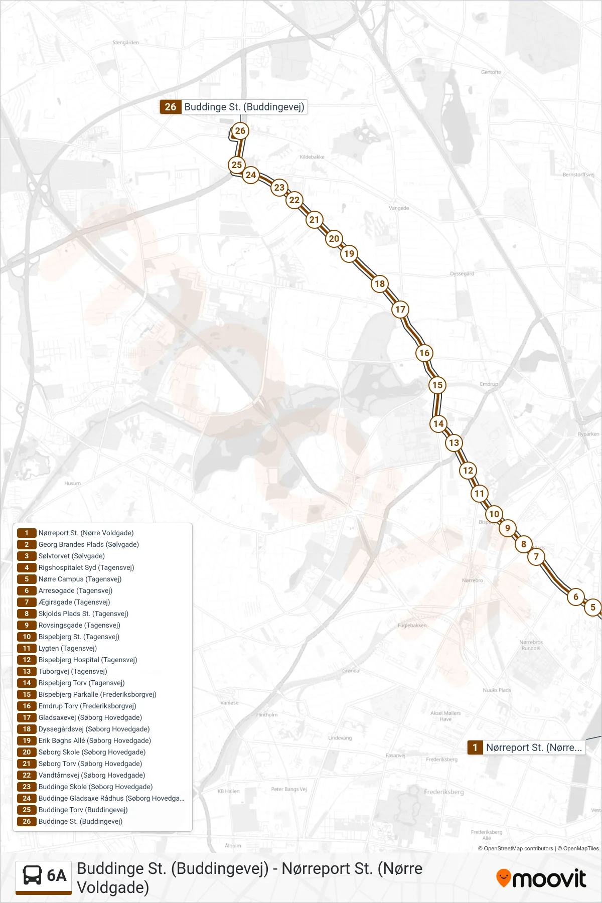 6A bus Linje (Buddinge St.) rute og stop på et kort