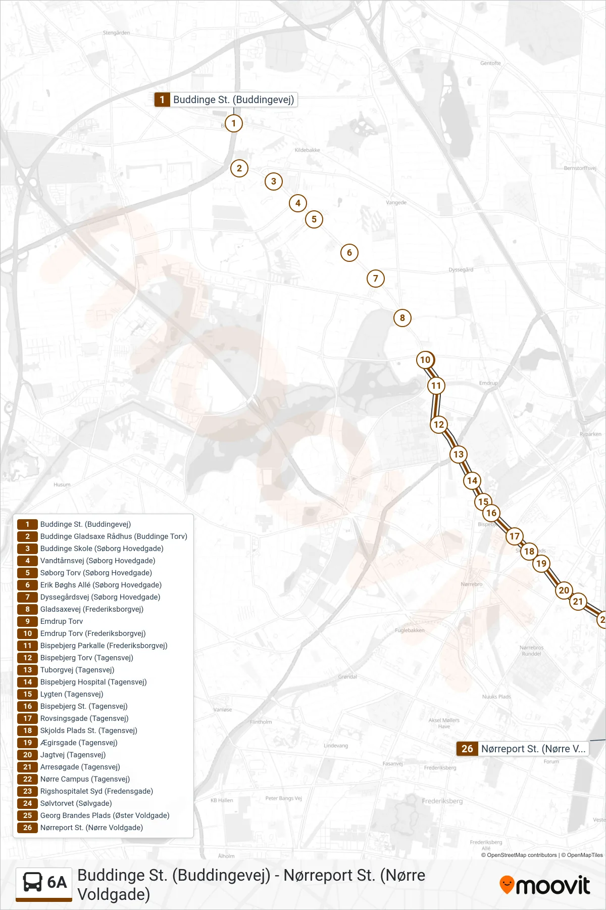 6A bus Linje (Nørreport St.) rute og stop på et kort