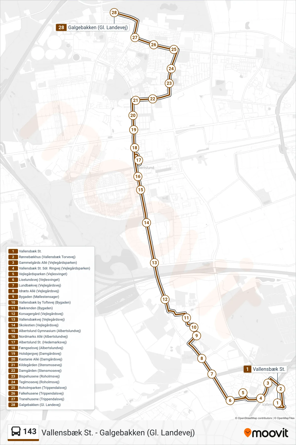 143 bus Linje (Galgebakken) rute og stop på et kort