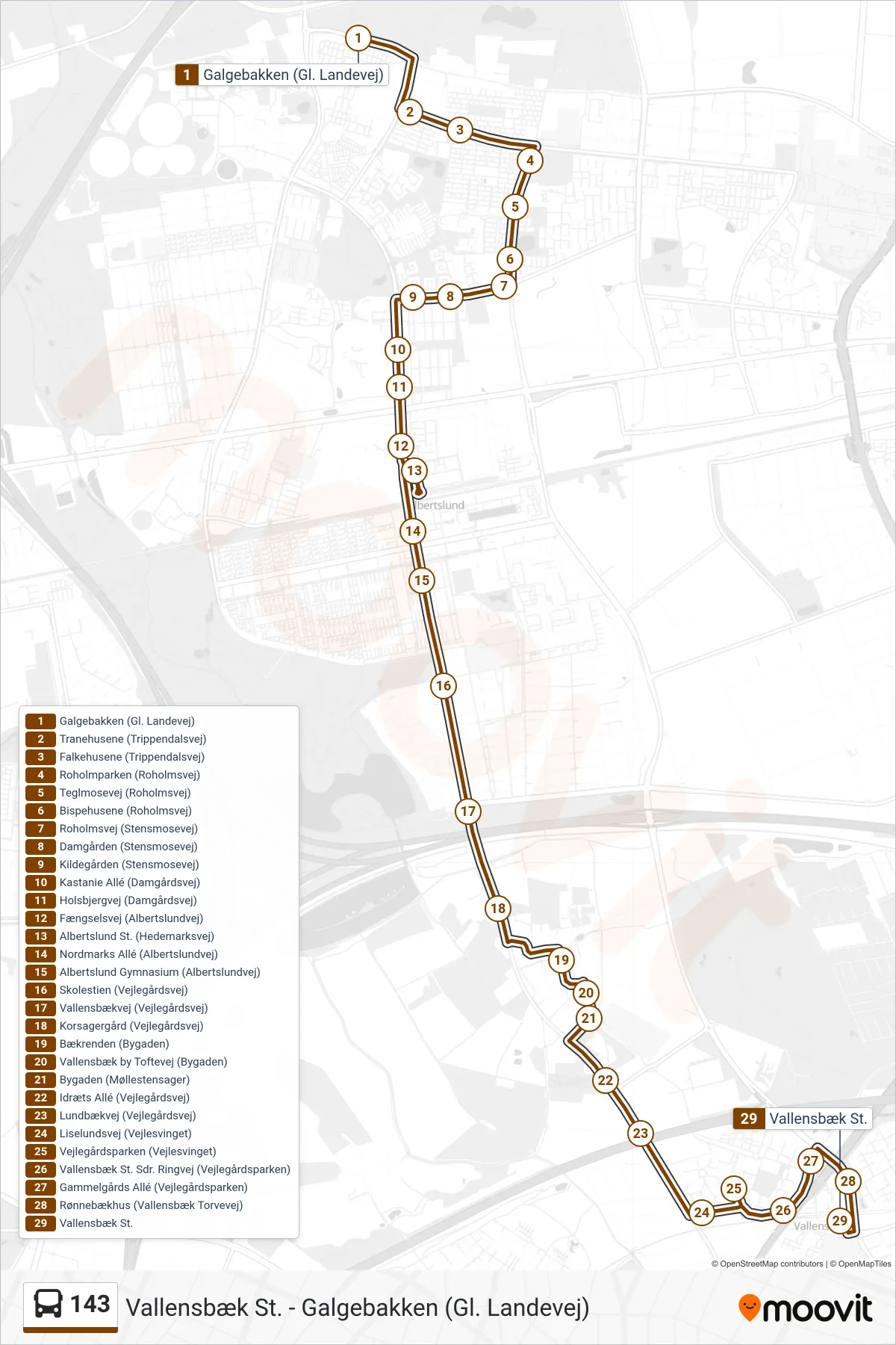 143 bus Linje (Vallensbæk St.) rute og stop på et kort