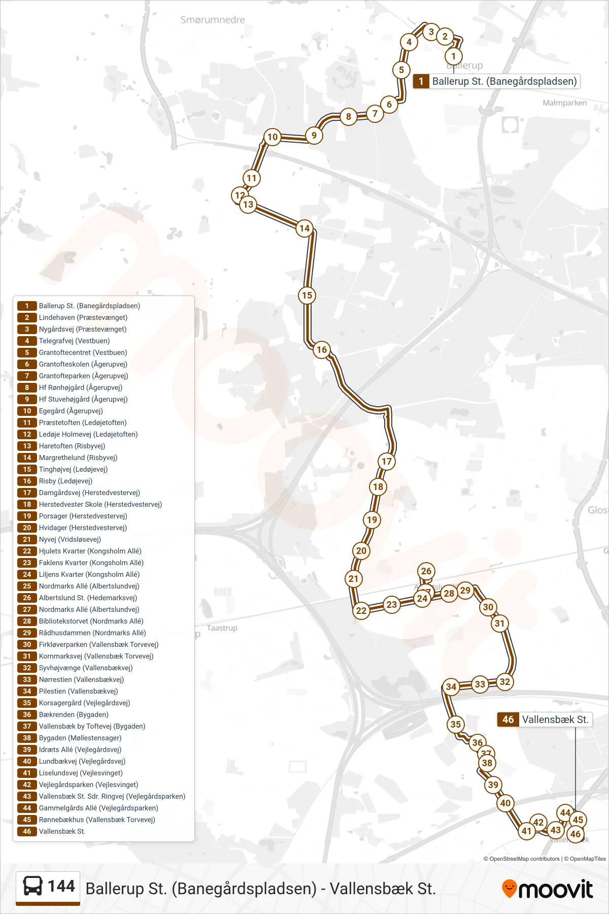 144 bus Linje (Vallensbæk St.) rute og stop på et kort
