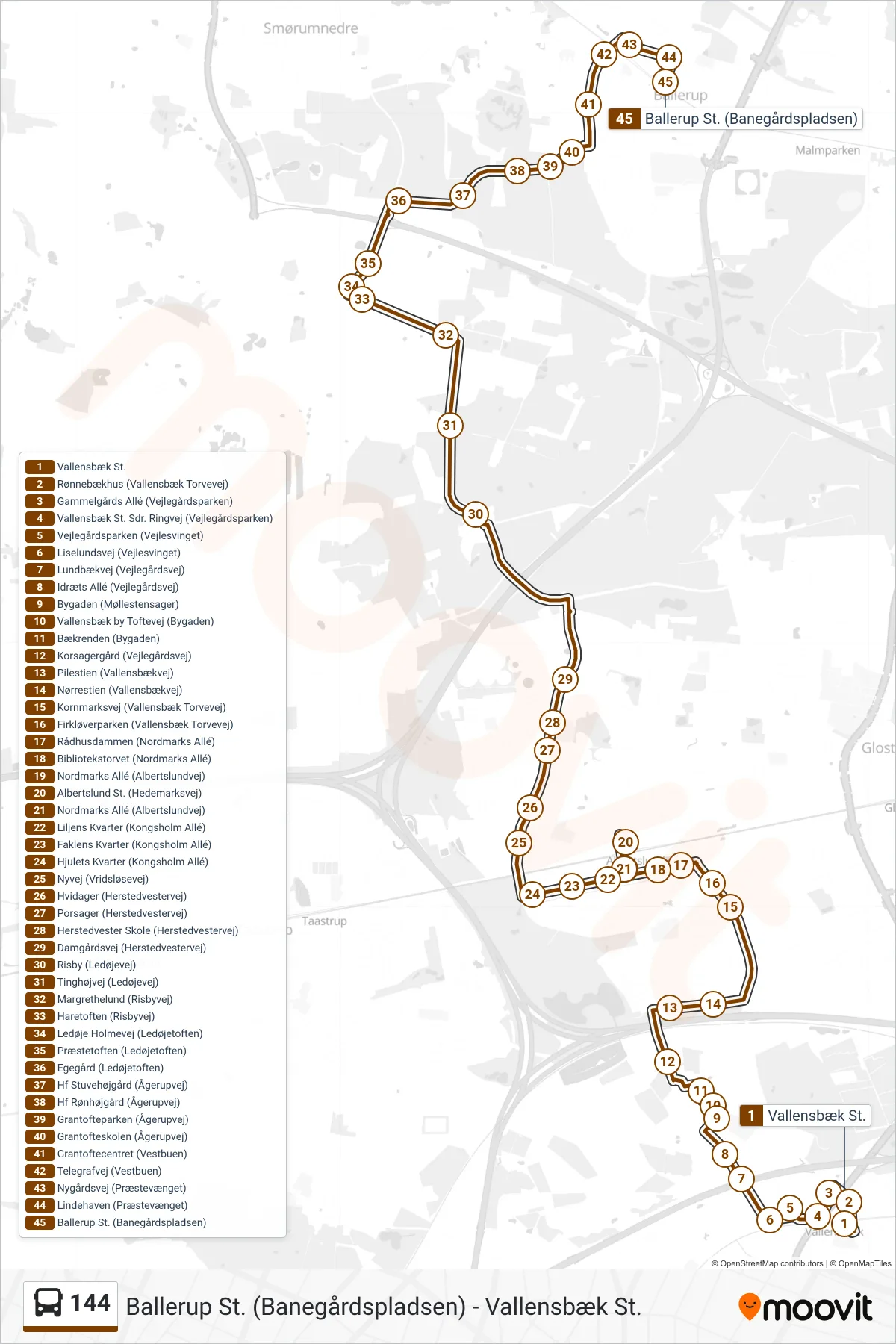 144 bus Linje (Ballerup St.) rute og stop på et kort