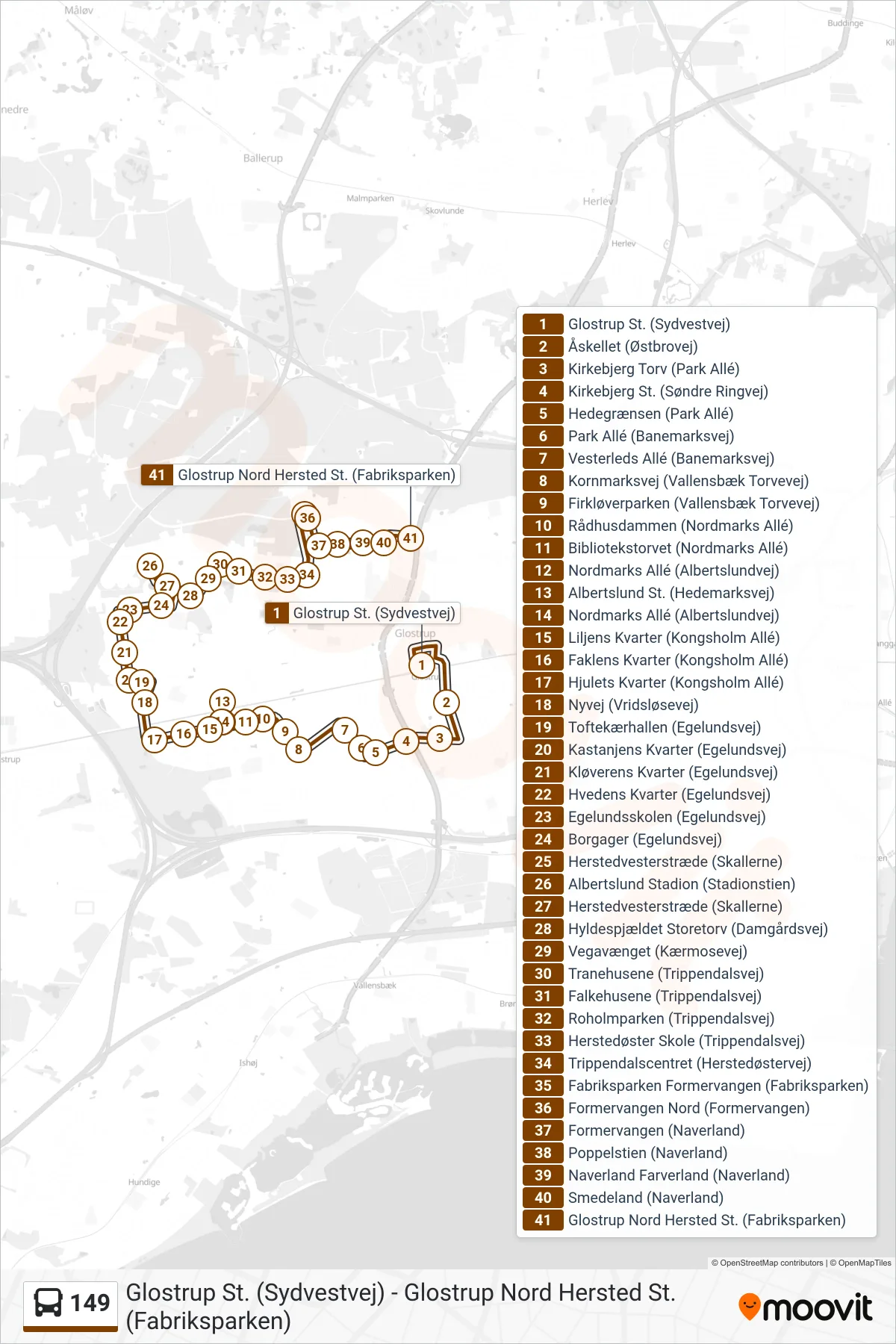 149 bus Linje (Glostrup Nord) rute og stop på et kort