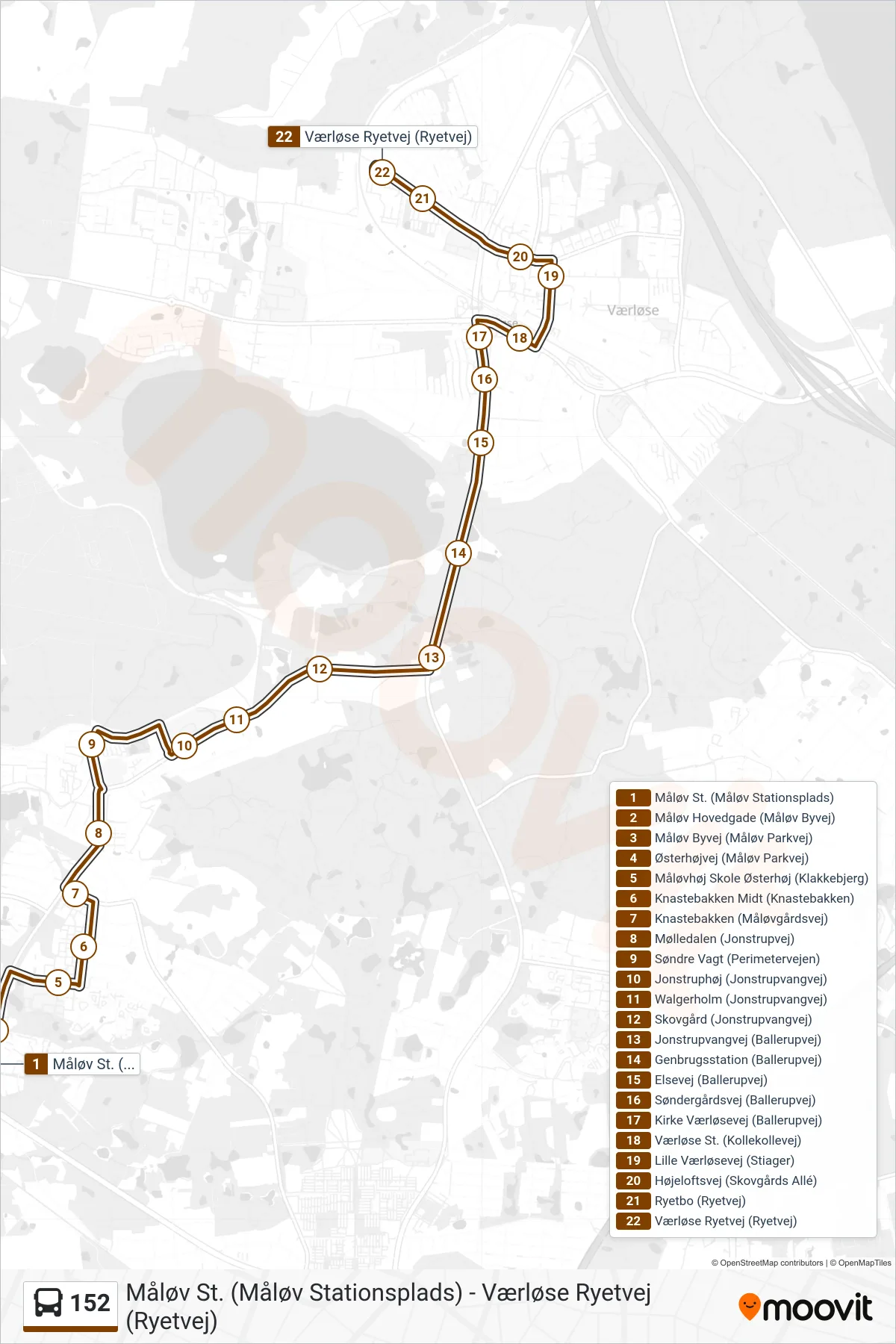 152 bus Linje (Værløse Ryetvej) rute og stop på et kort
