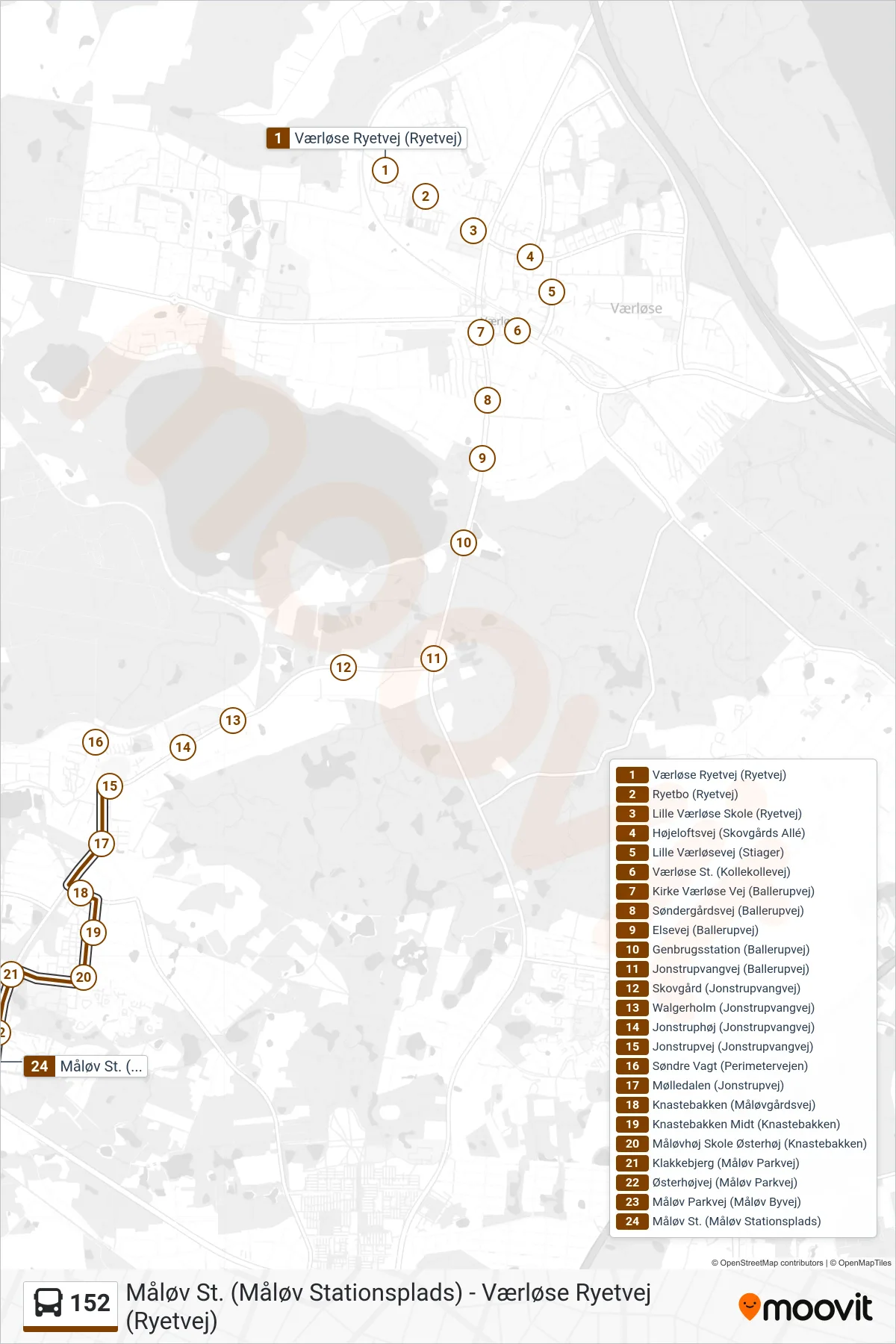 152 bus Linje (Måløv St.) rute og stop på et kort