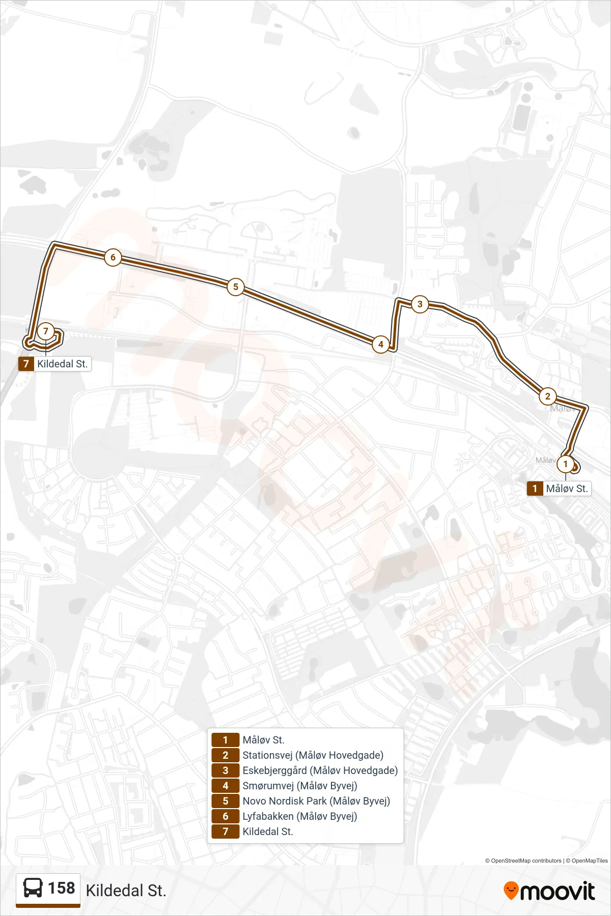158 bus Linje (Kildedal St.) rute og stop på et kort
