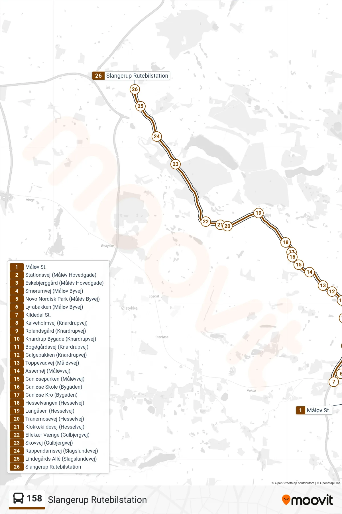 158 bus Line (Slangerup Rutebilstation) route and stops on a map