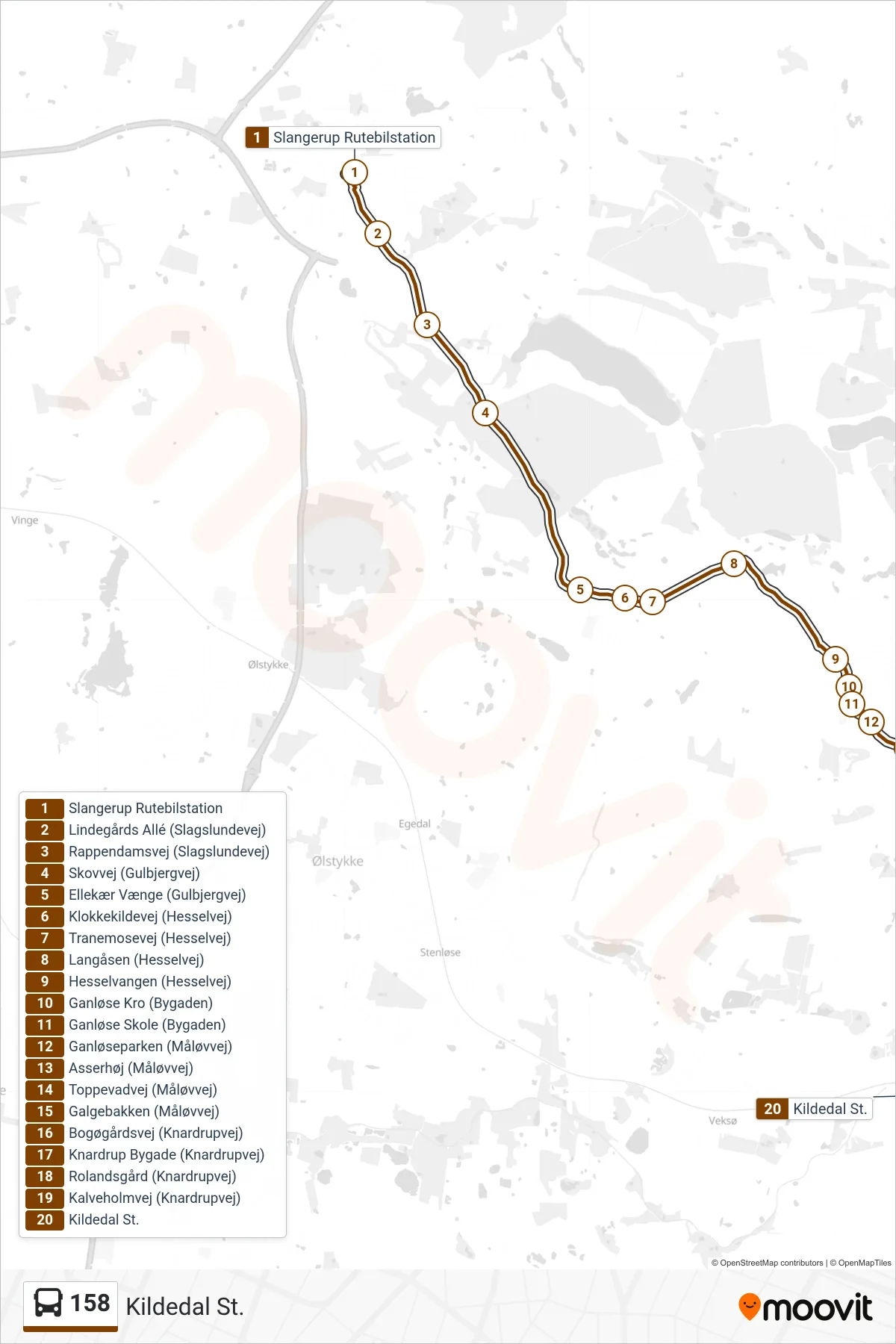 158 bus Linje (Kildedal St.) rute og stop på et kort