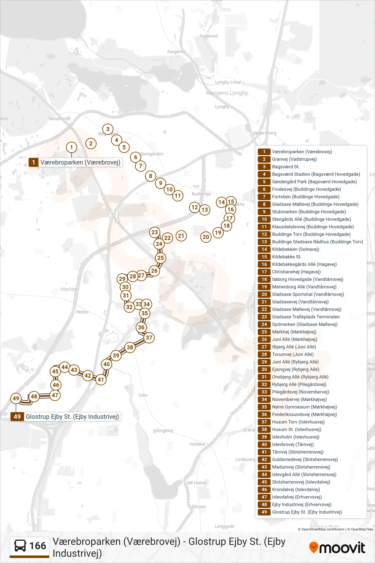 166 bus Line (Glostrup Ejby St.) route and stops on a map