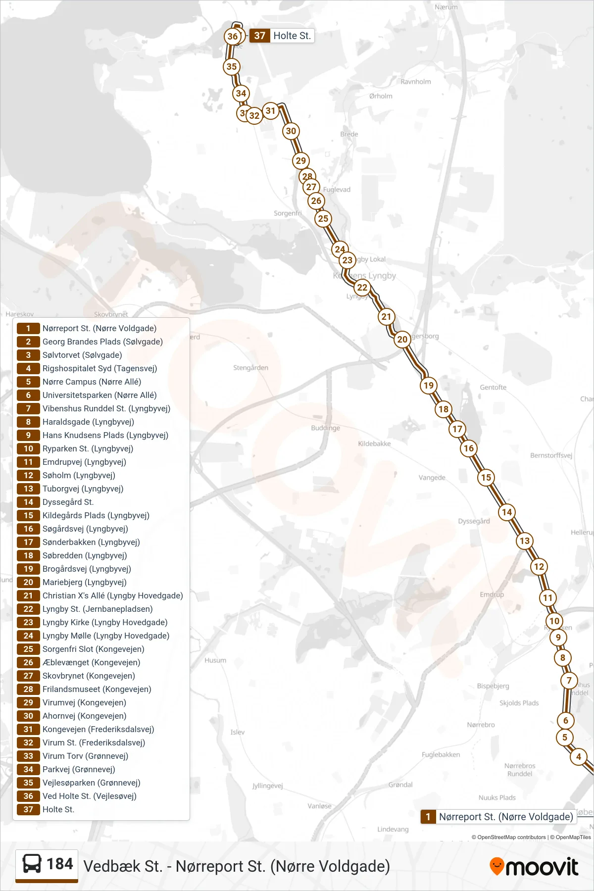 184 bus Linje (Holte St.) rute og stop på et kort