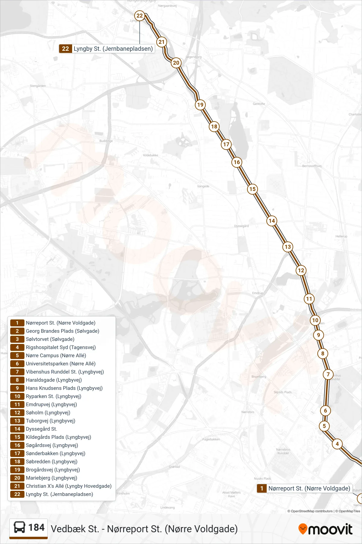 184 bus Linje (Lyngby St.) rute og stop på et kort