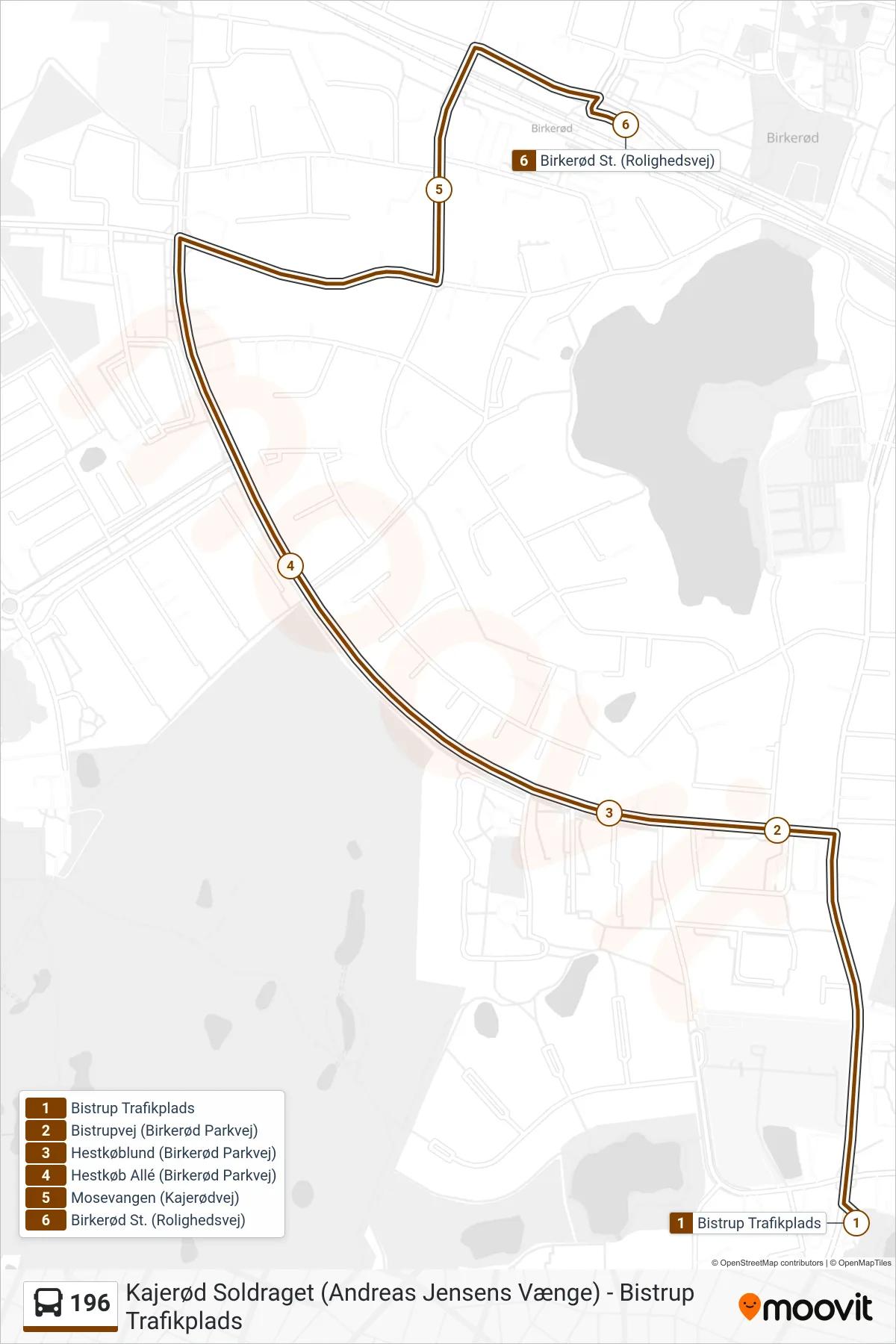 196 bus Linje (Birkerød St.) rute og stop på et kort