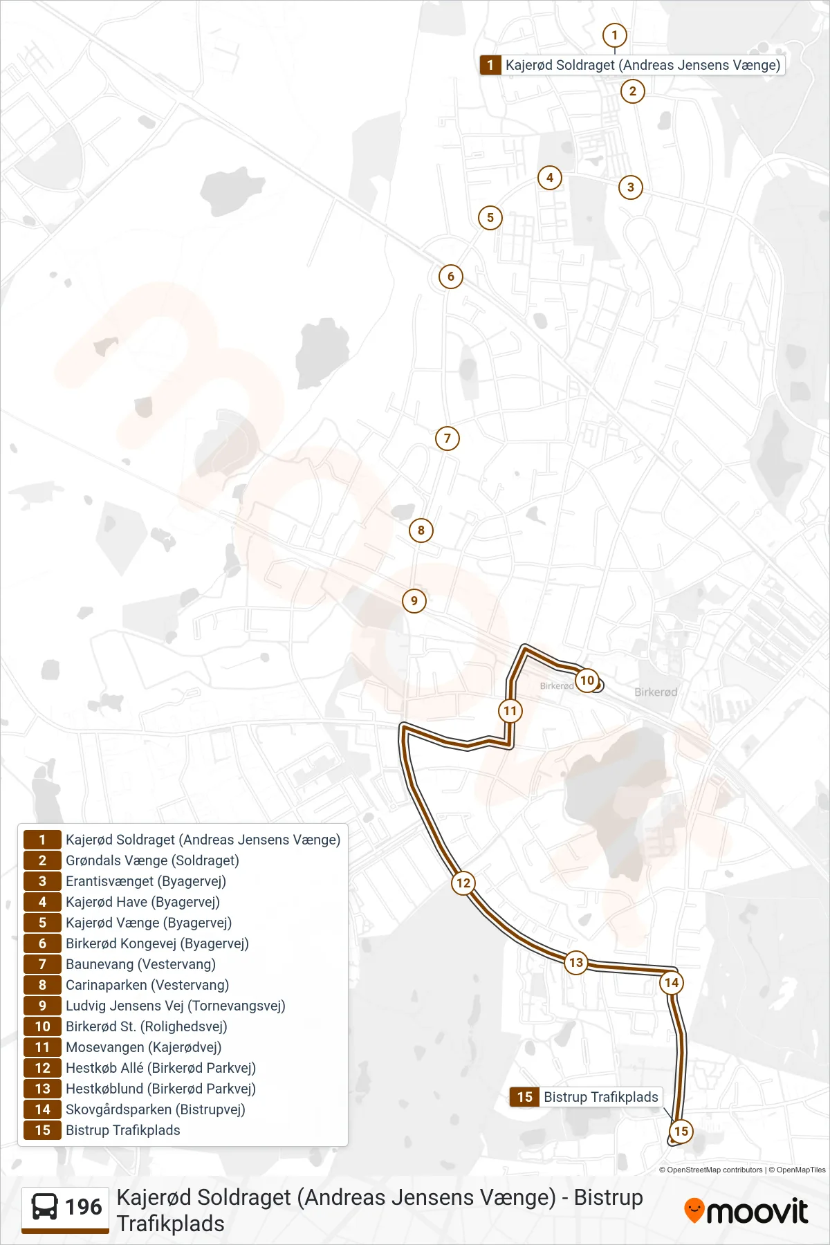 196 bus Line (Bistrup Trafikplads) route and stops on a map