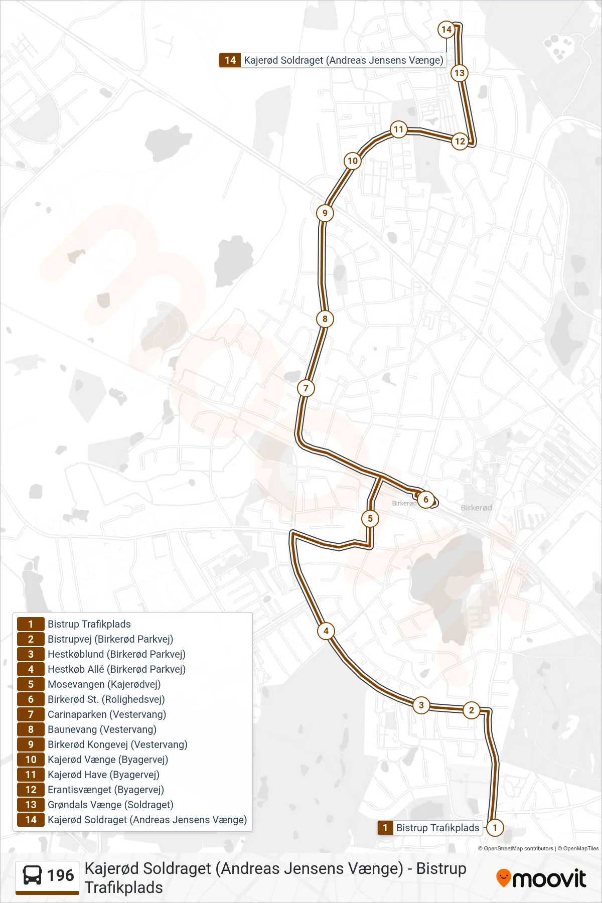196 bus Linje (Kajerød Soldraget) rute og stop på et kort