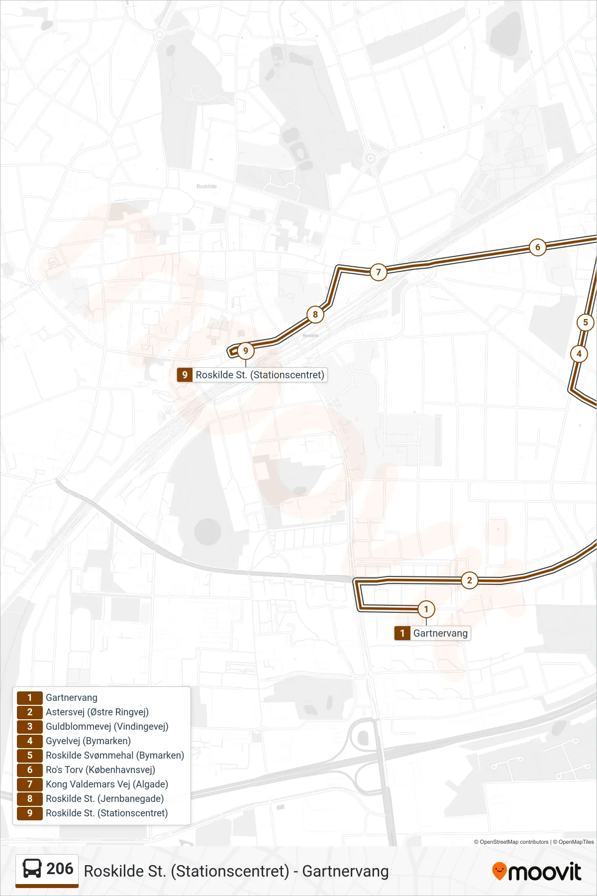 206 bus Line (Roskilde St.) route and stops on a map
