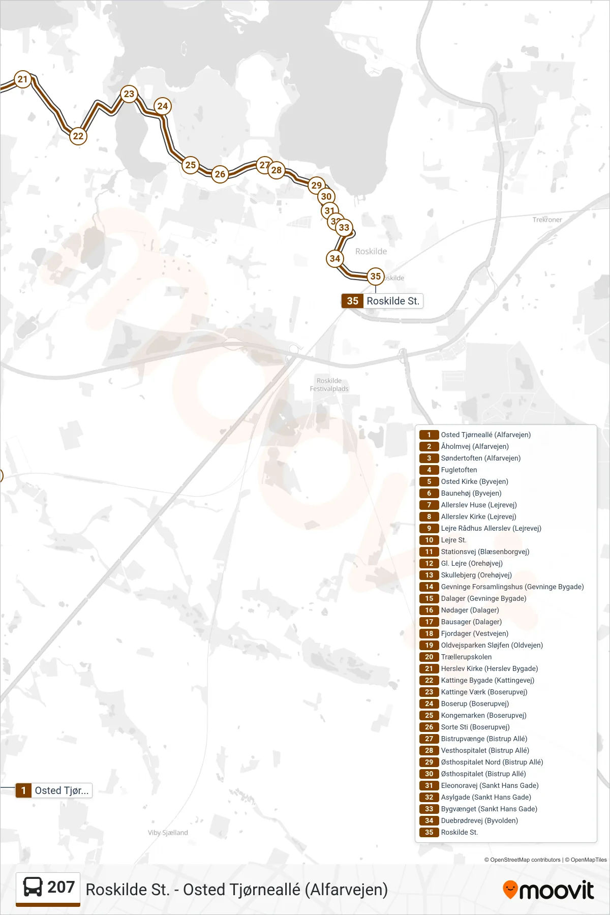 207 bus Linje (Roskilde St.) rute og stop på et kort
