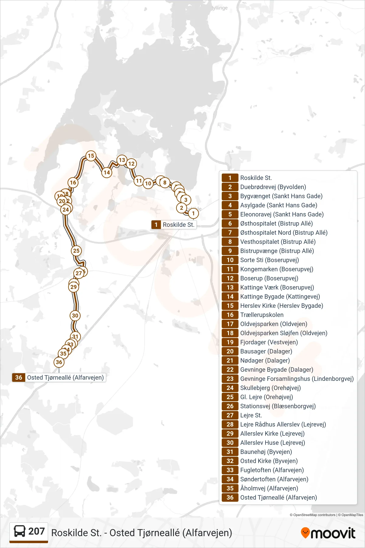 207 bus Line (Osted) route and stops on a map