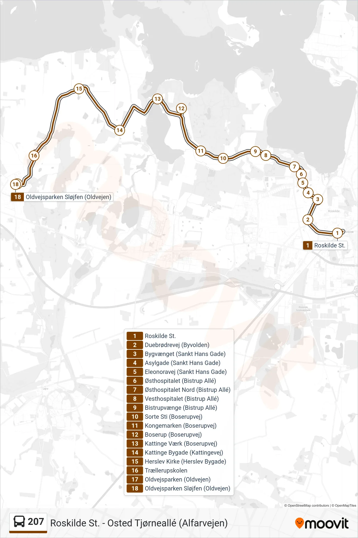 207 bus Linje (Oldvejsparken) rute og stop på et kort