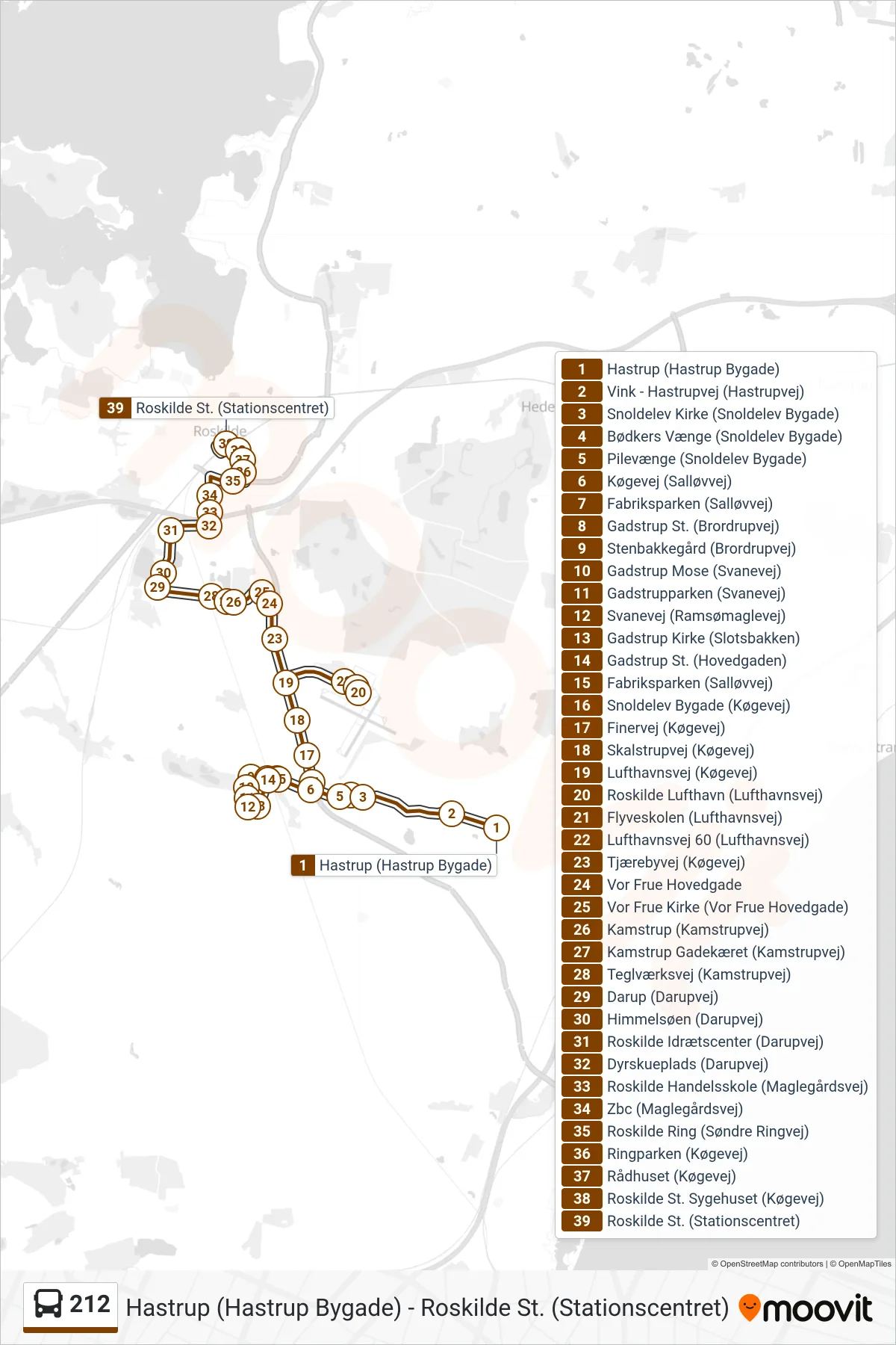 212 bus Linje (Roskilde St.) rute og stop på et kort