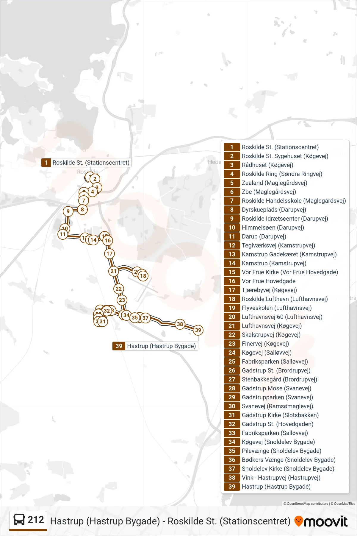 212 bus Linje (Hastrup) rute og stop på et kort