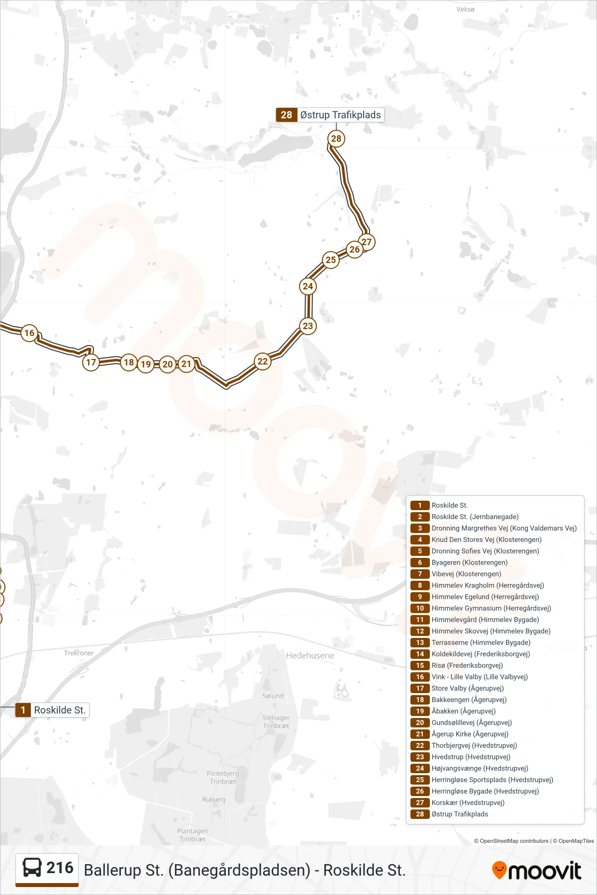 216 bus Linje (Østrup) rute og stop på et kort