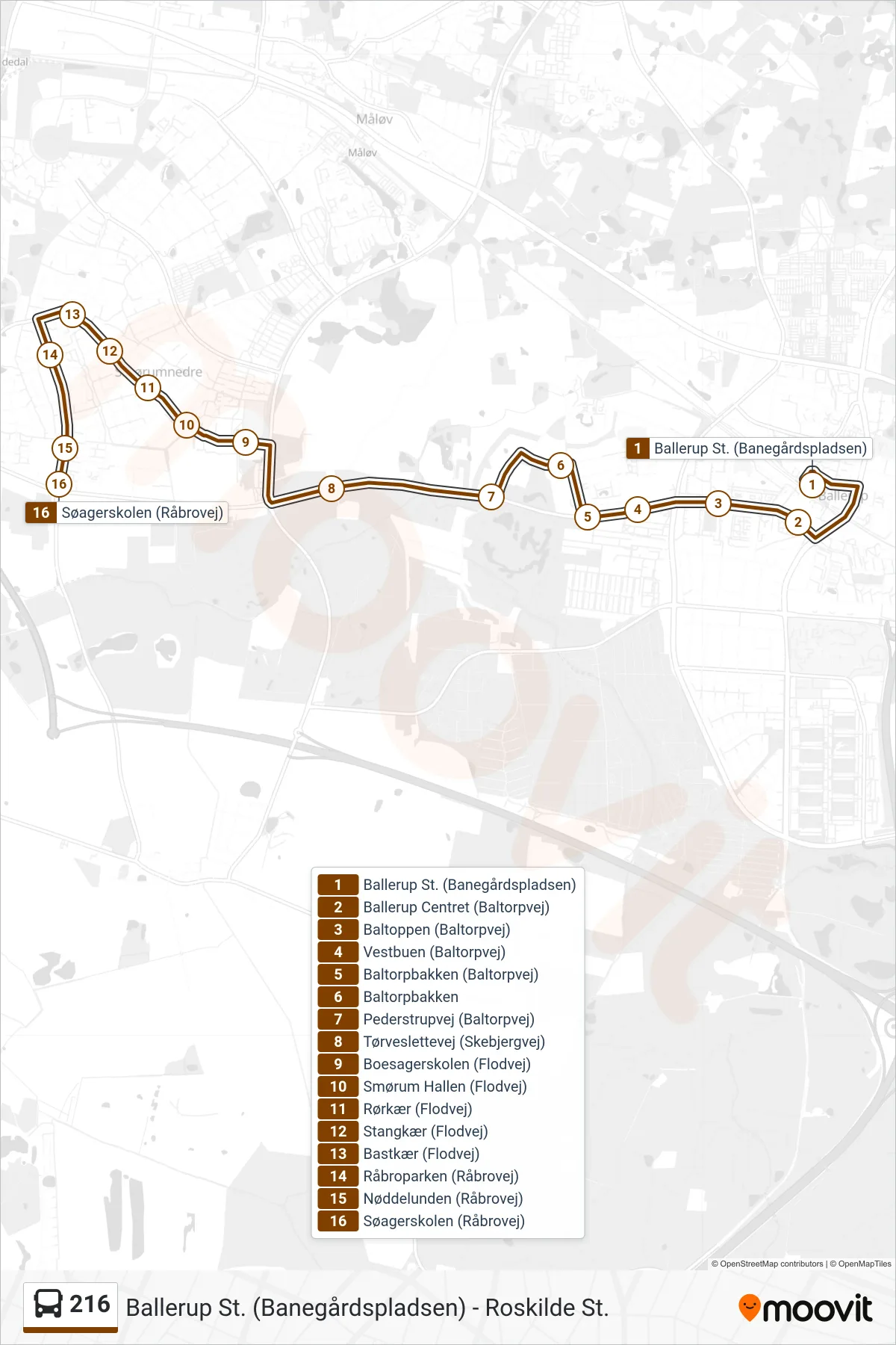 216 bus Linje (Søagerskolen) rute og stop på et kort