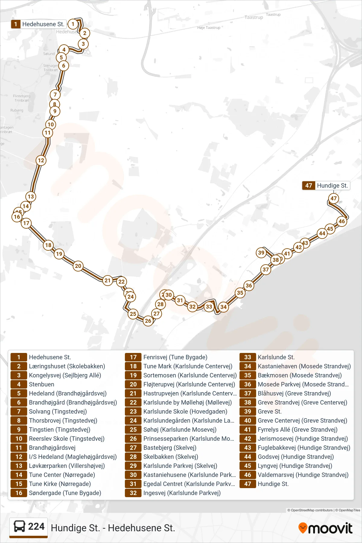 224 bus Linje (Hundige St.) rute og stop på et kort