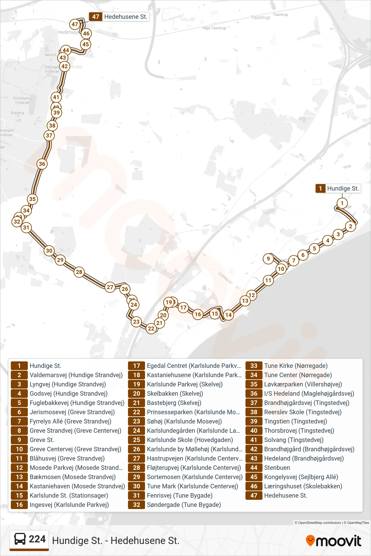 224 bus Linje (Hedehusene St.) rute og stop på et kort