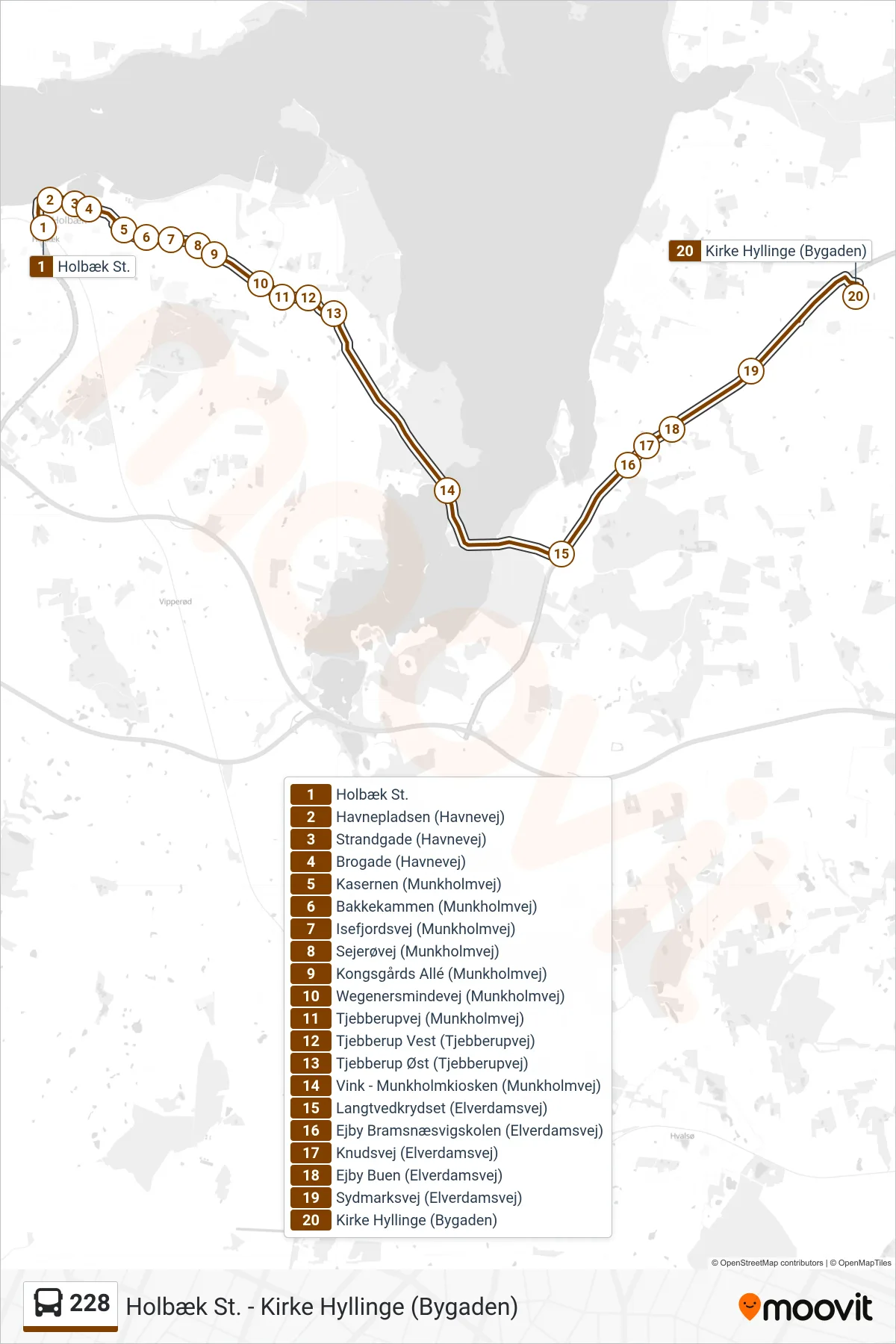 228 bus Linje (Kirke Hyllinge) rute og stop på et kort