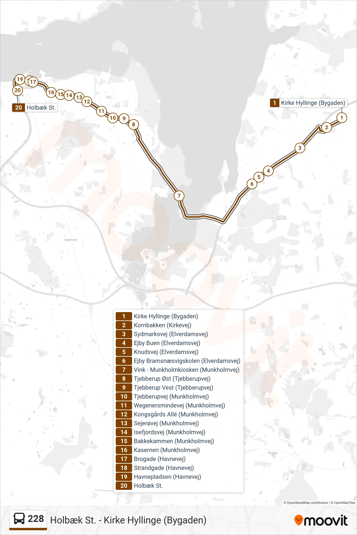 228 bus Linje (Holbæk St.) rute og stop på et kort