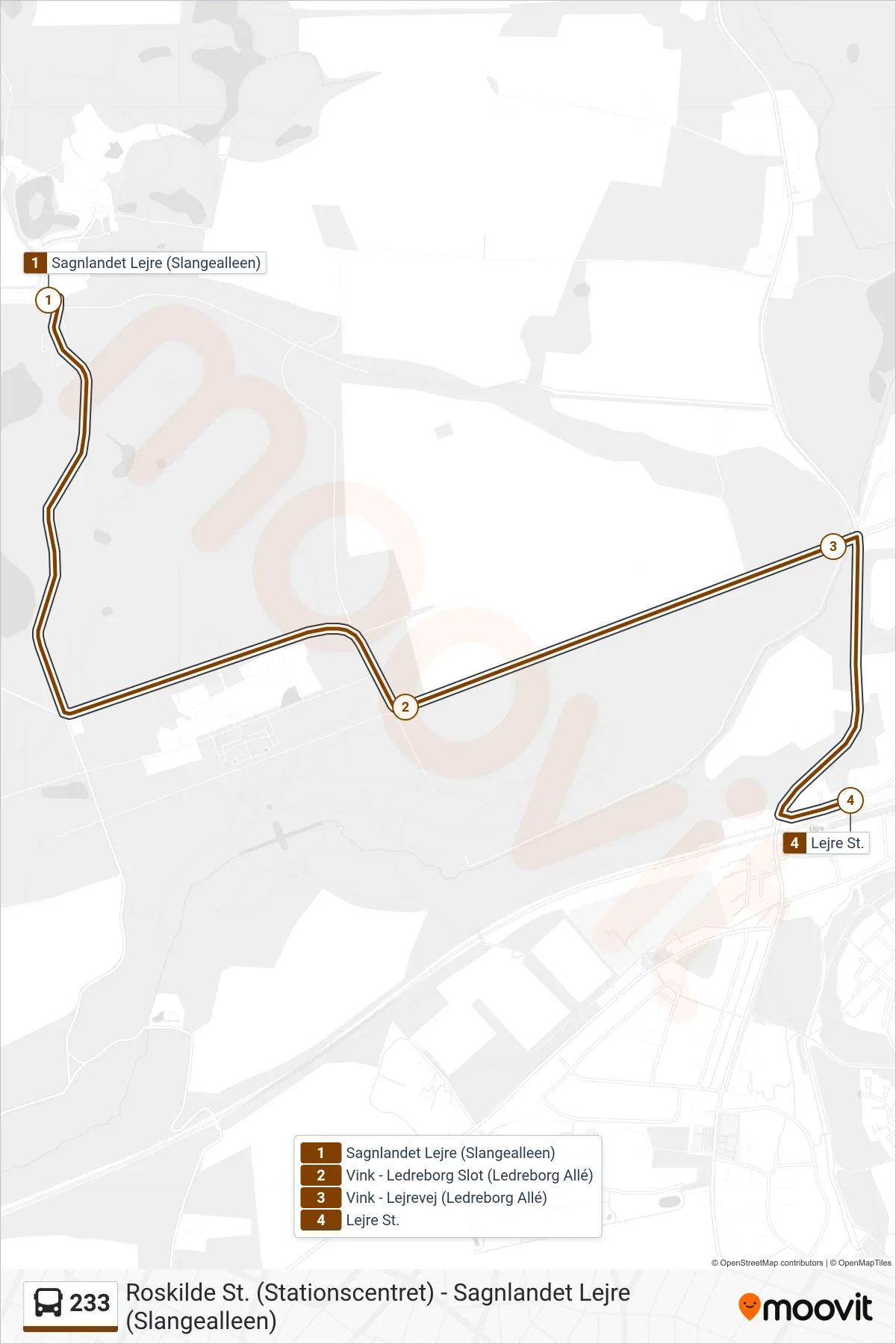 233 bus Linje (Lejre St.) rute og stop på et kort