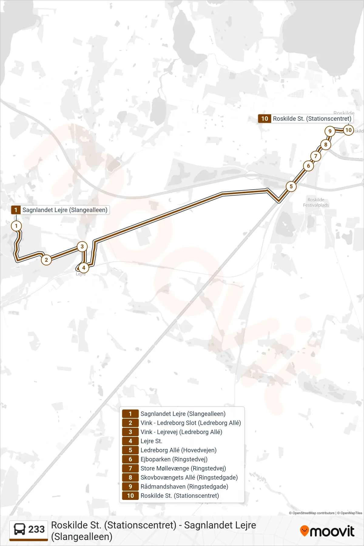 233 bus Line (Roskilde St.) route and stops on a map