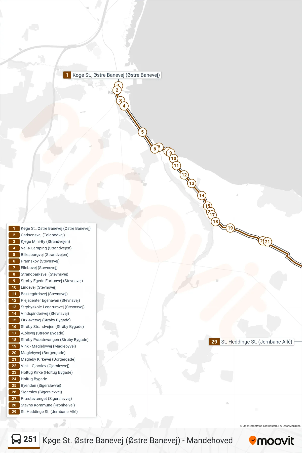 251 bus Line (St. Heddinge St.) route and stops on a map