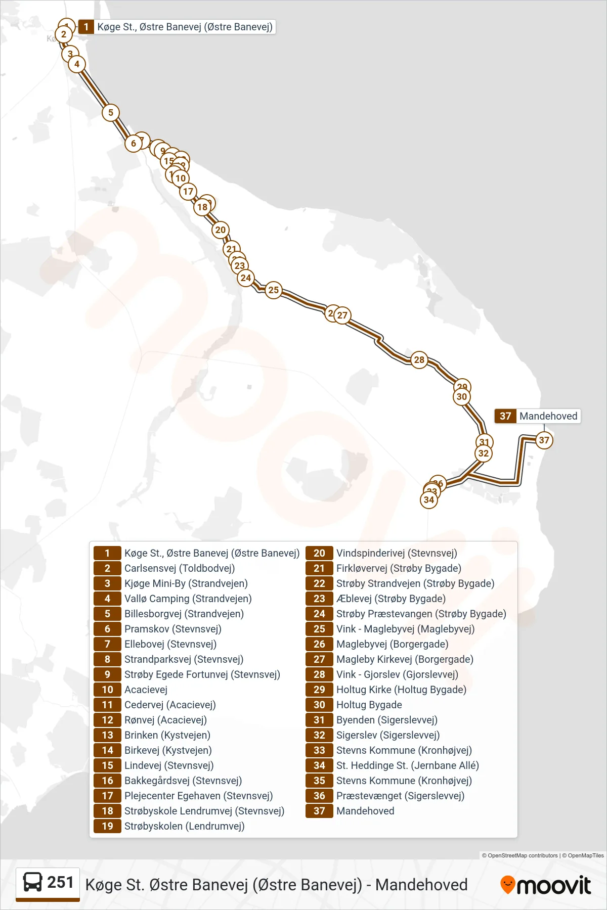 251 bus Line (Mandehoved Via St.Heddinge) route and stops on a map