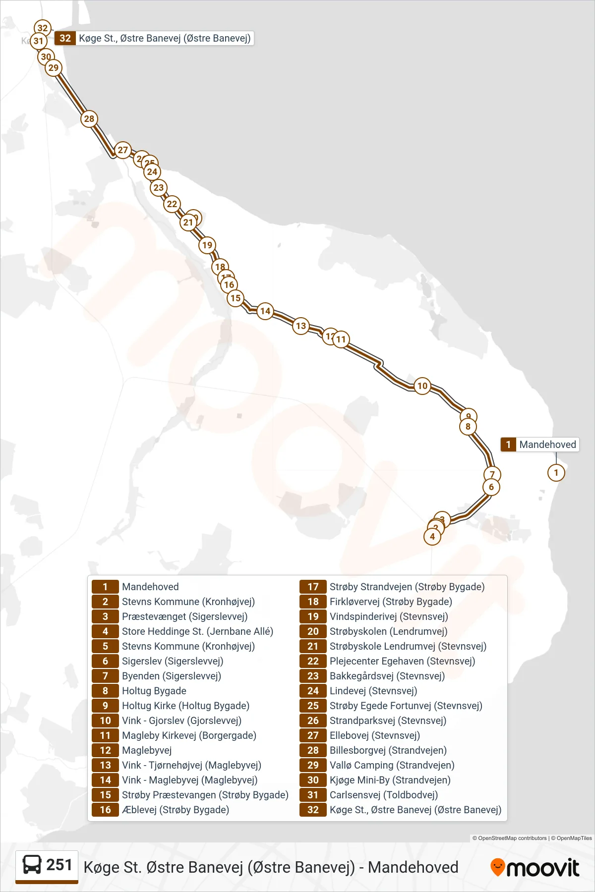 251 bus Linje (Køge St. Østre Banevej) rute og stop på et kort