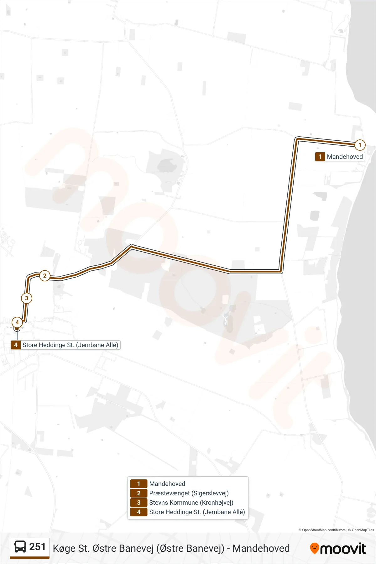 251 bus Linje (St. Heddinge St.) rute og stop på et kort