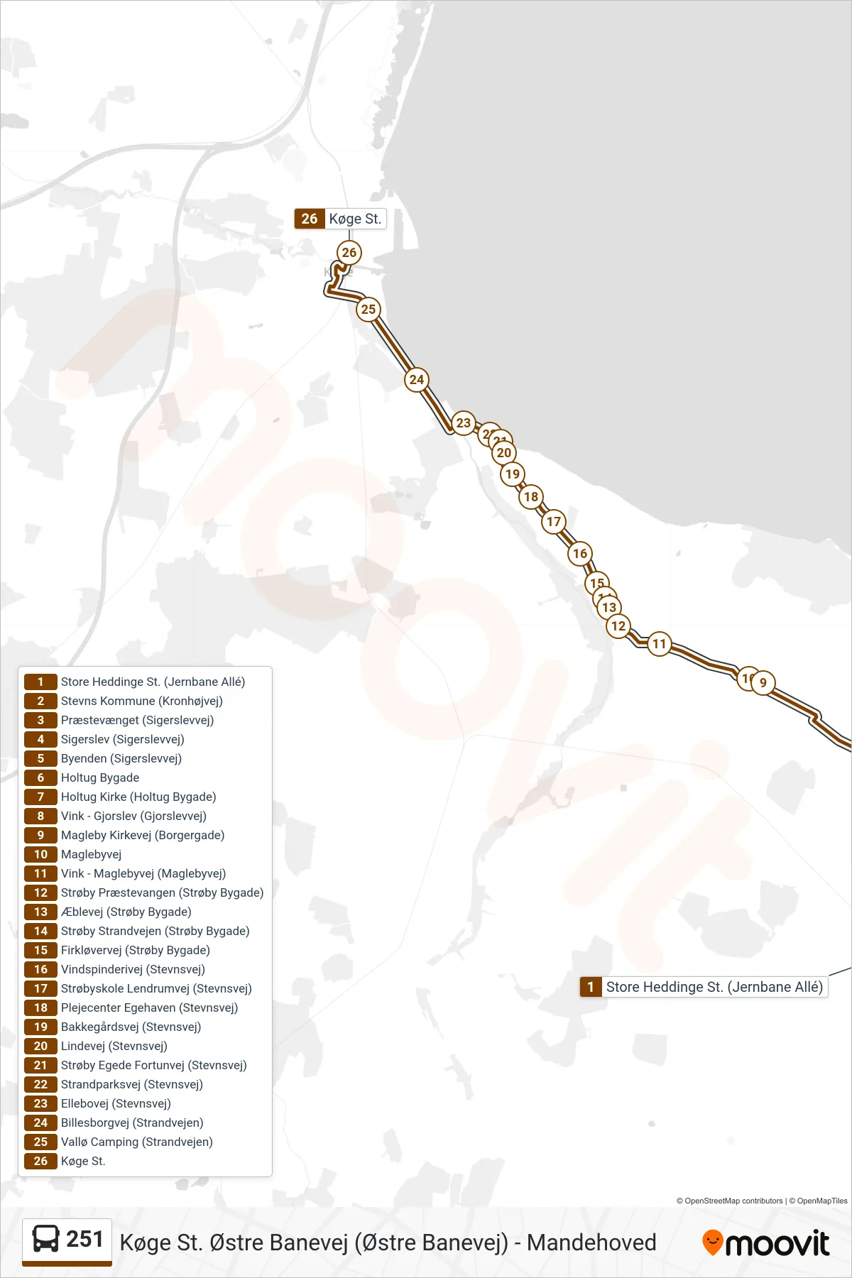 251 bus Linje (Køge St.) rute og stop på et kort