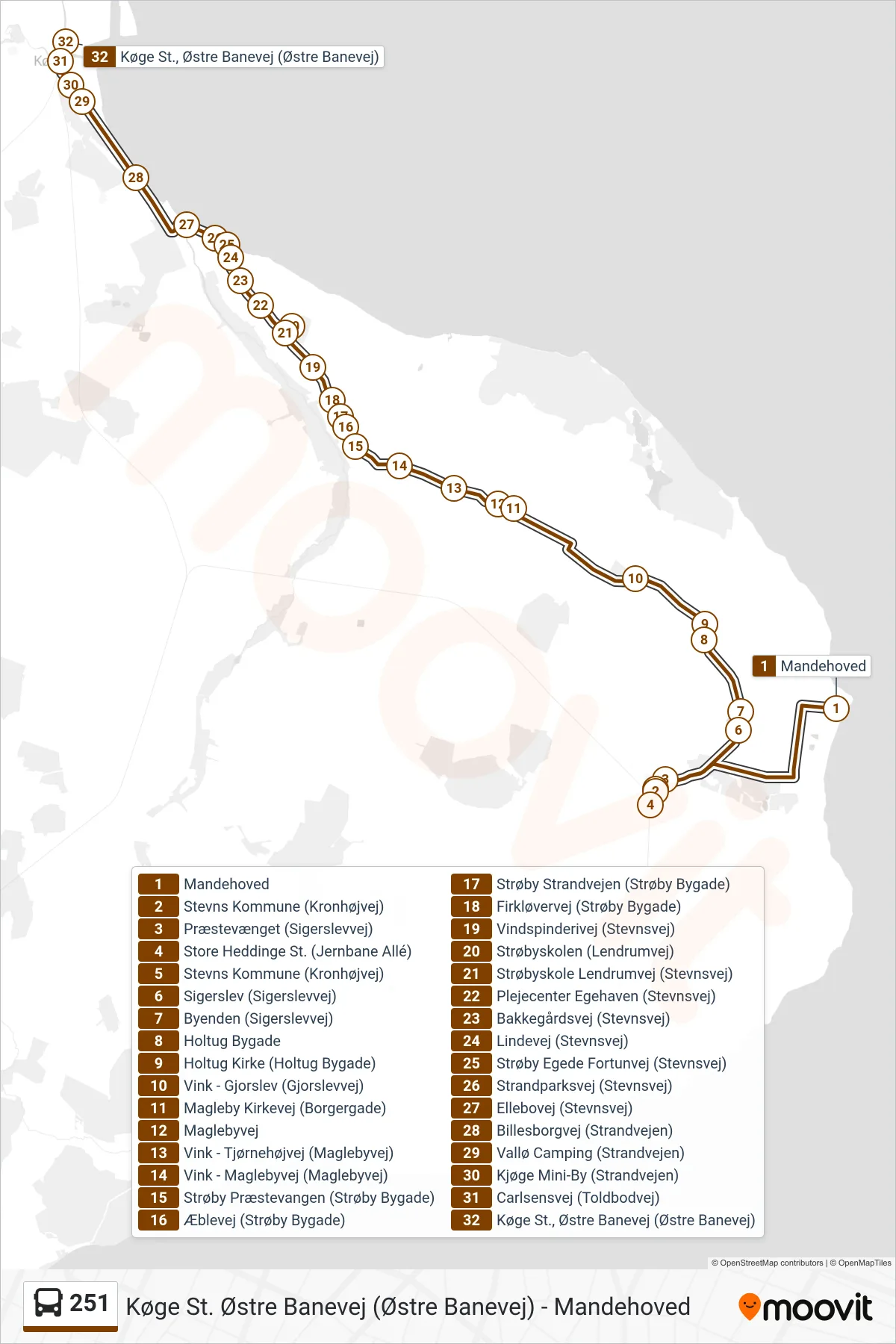 251 bus Linje (Køge St. Østre Banevej (Østre Banevej)) rute og stop på et kort