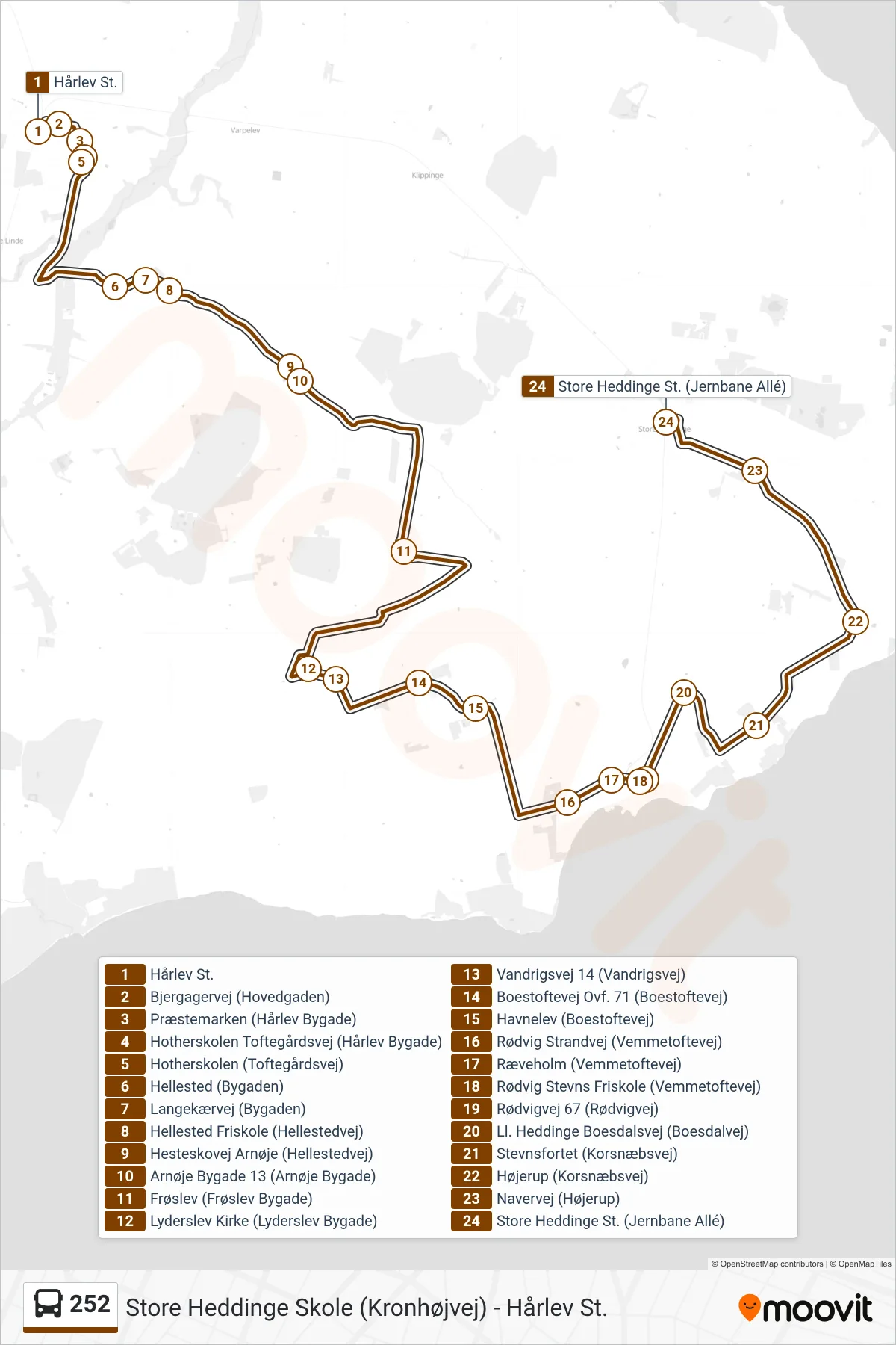252 bus Linje (St. Heddinge St.) rute og stop på et kort