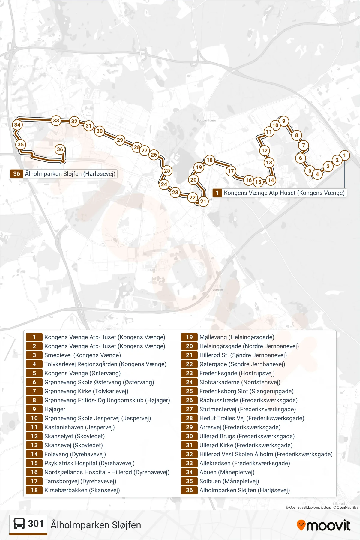 301 bus Line (Ålholmparken Sløjfen) route and stops on a map