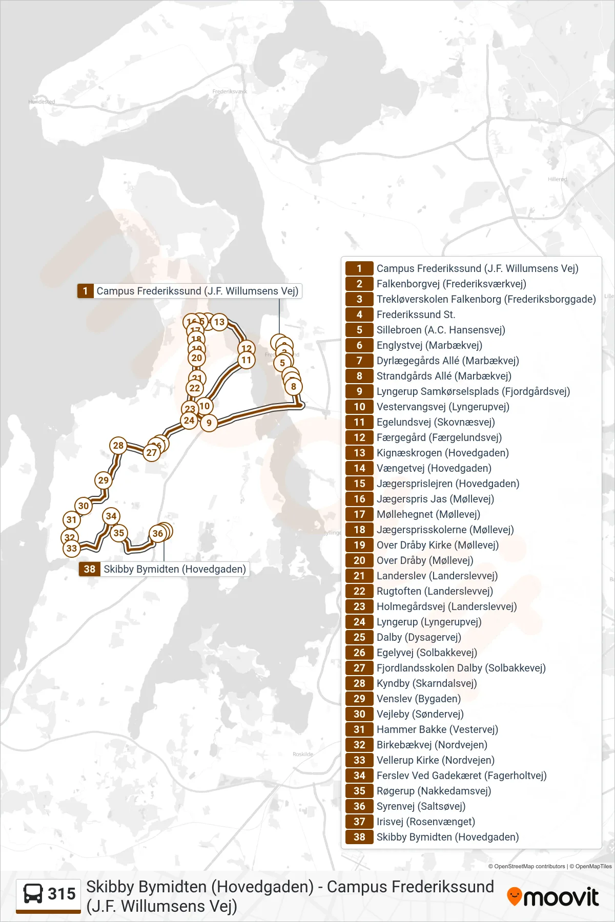 315 bus Line (Skibby) route and stops on a map