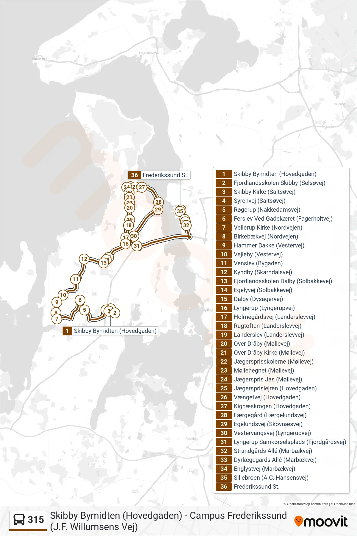 315 bus Line (Frederikssund St.) route and stops on a map