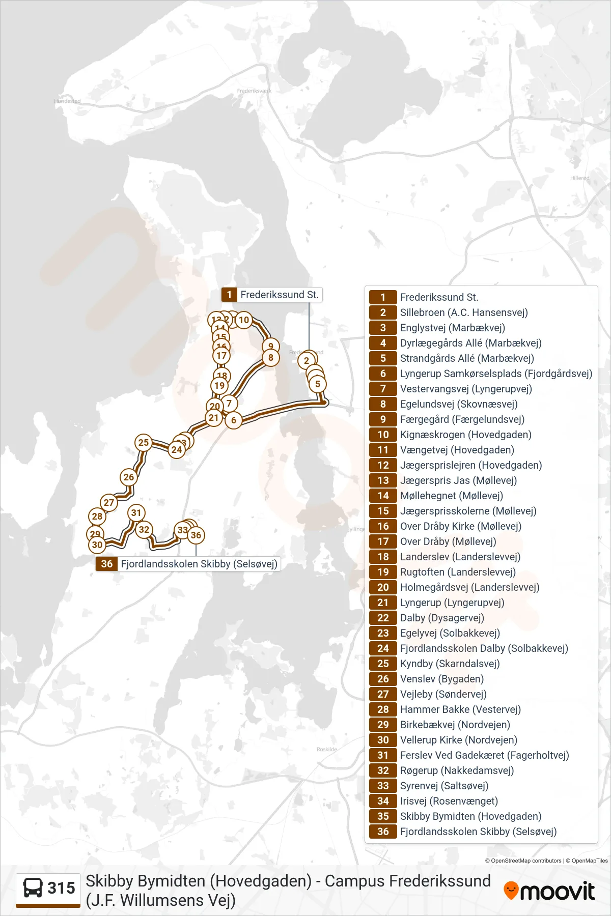 315 bus Linje (Fjordlandsskolen Skibby) rute og stop på et kort