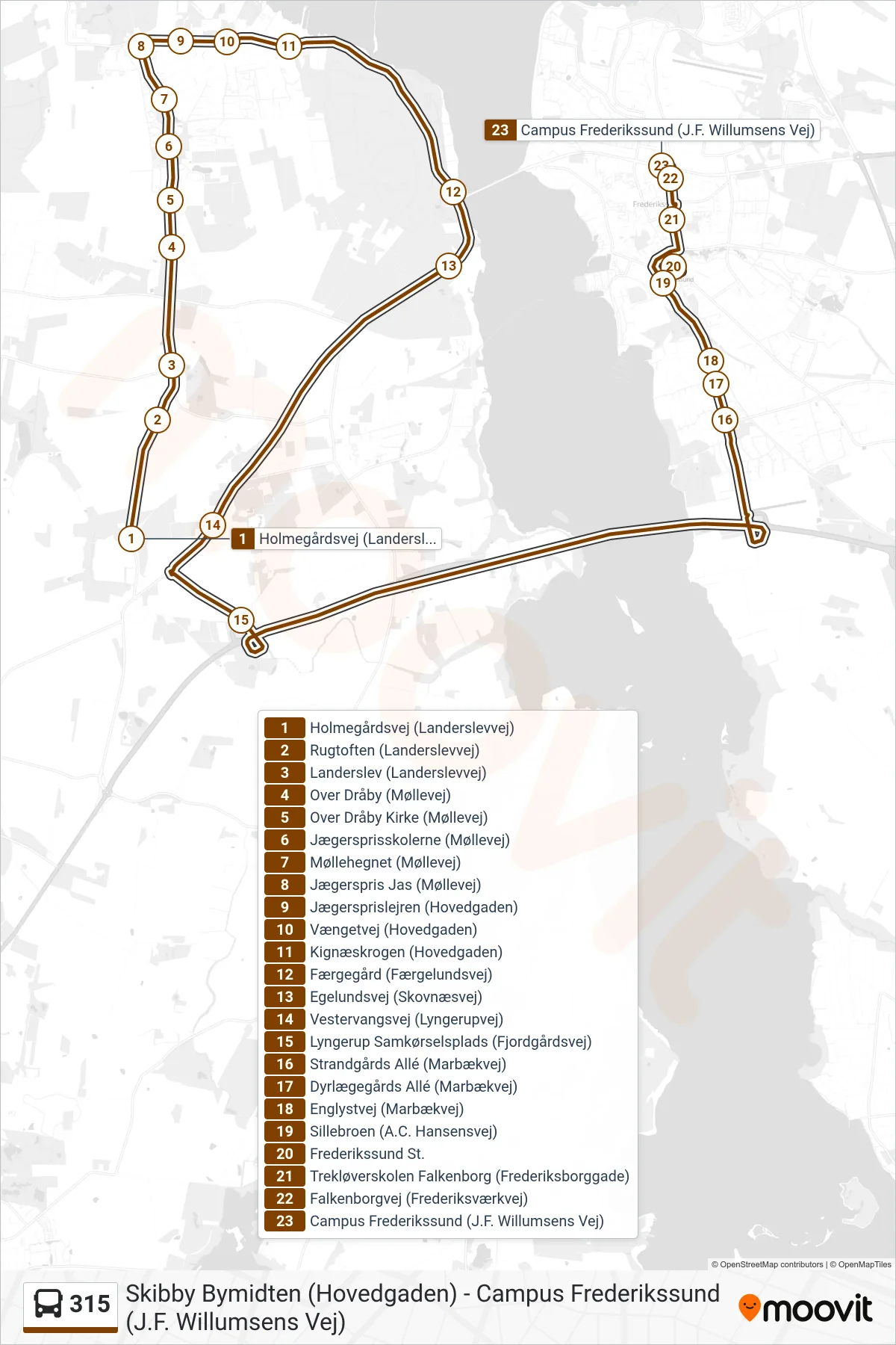 315 bus Linje (Campus Frederikssund) rute og stop på et kort