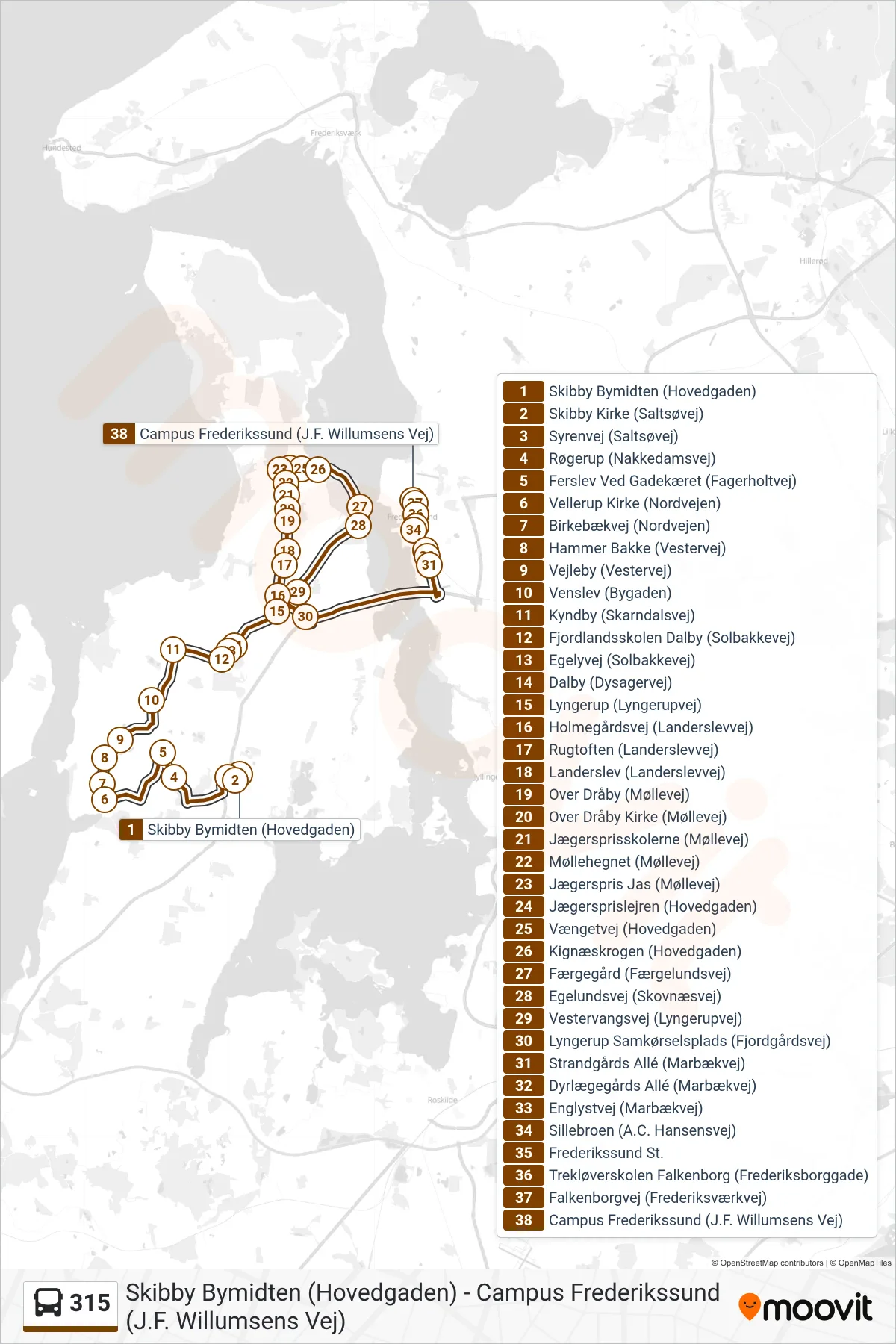 315 bus Linje (Campus Frederikssund Via Frederikssund St.) rute og stop på et kort