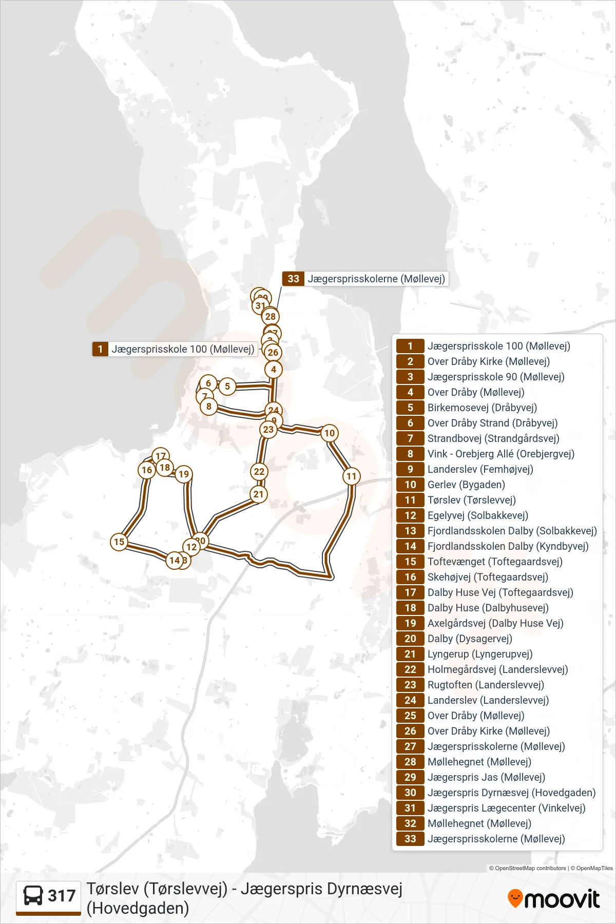 317 bus Line (Jægersprisskole 90) route and stops on a map