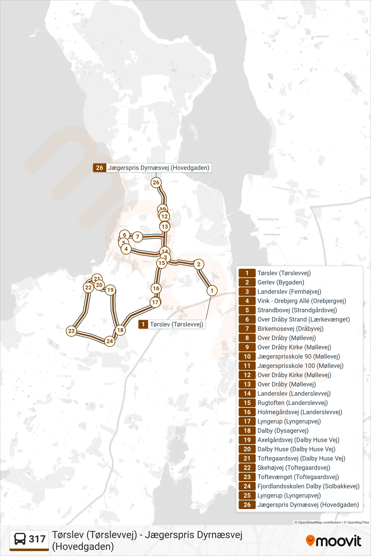 317 bus Linje (Skolebus Hornsherred) rute og stop på et kort