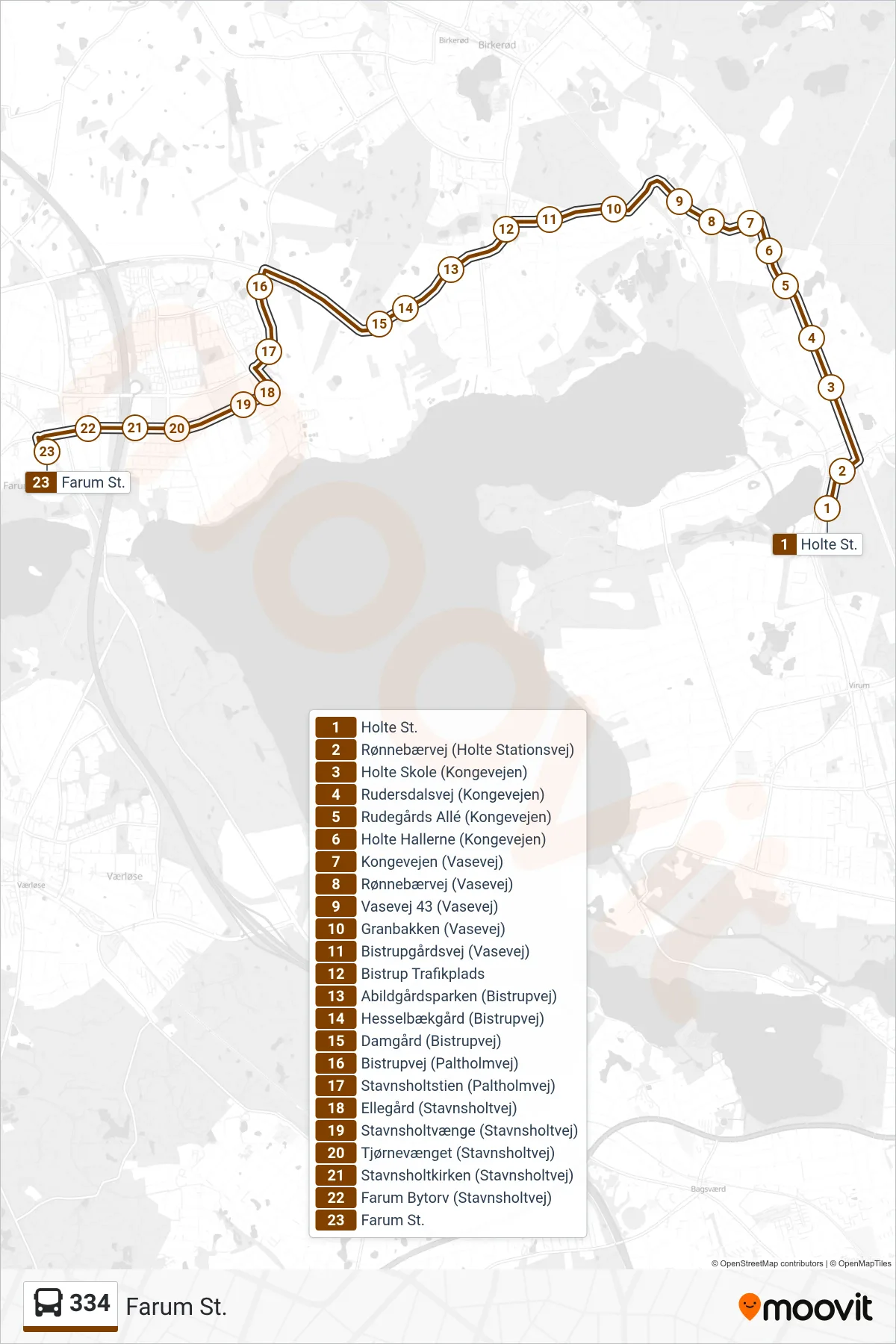 334 bus Linje (Farum St.) rute og stop på et kort