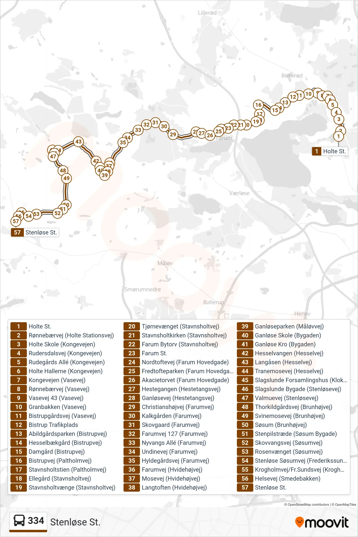 334 bus Line (Stenløse St.) route and stops on a map
